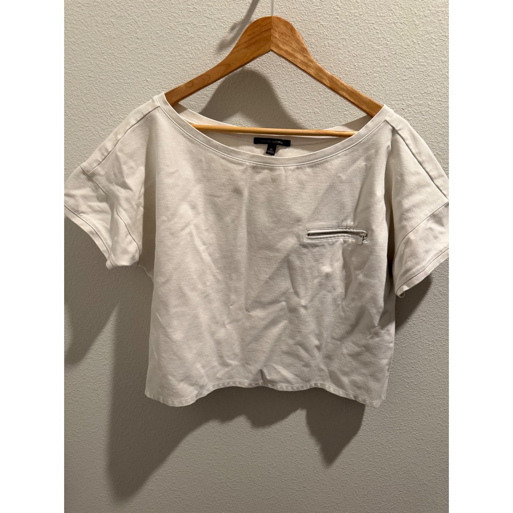 Banana Republic Cream Cropped Boat Neck Top Short Sleeve Zip Pocket XL